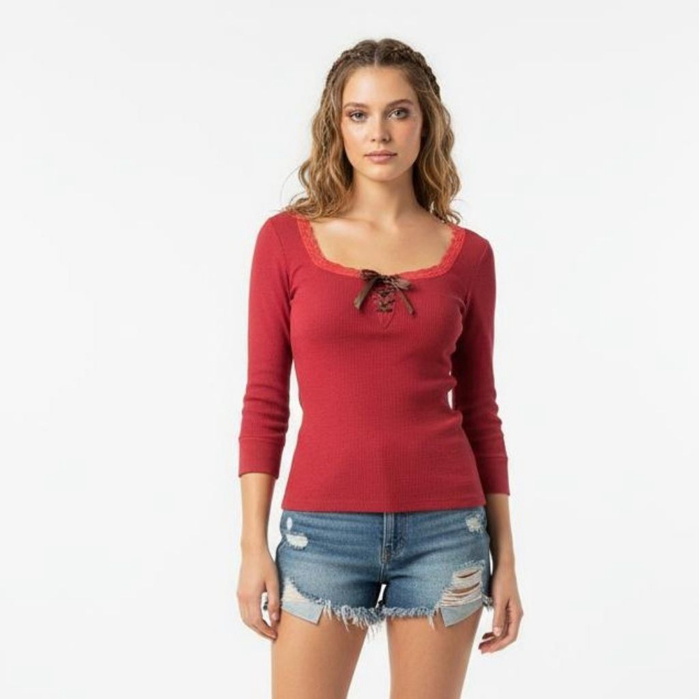 Free People Red Long Sleeve Waffle Knit Tee - Small